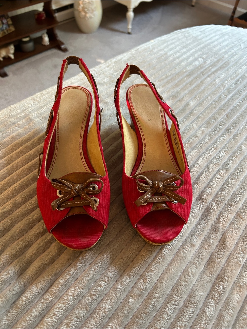 Nickels Red Slingback Peep-Toe Mules with Brown Bow Accent